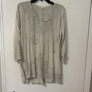 Serra Embroidered Taupe V-Neck Tunic with Pintucks